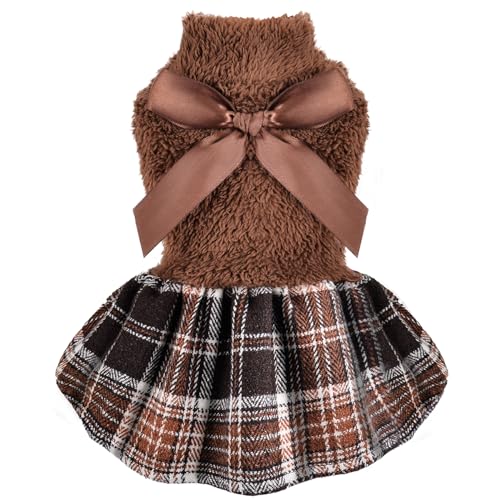 Dog Sweater Dress,Dog Dress Clothes Dresses for Small Dogs Girl Winter Fall Flannel Warm Pet Puppy Cat Tutu Princess Plaid Female Sweater (Medium, Brown) - color: #1 Brown, size: Medium (Chest 18.5 in)