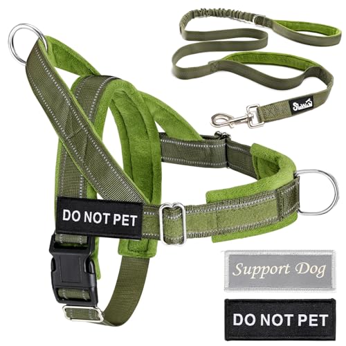 Lukovee No Pull Dog Harness and Leash Set - Heavy Duty Dog Vest with Soft Velvet Padding for Medium Large Dogs, Adjustable Reflective Tactical Harness with 2 Control Handles & Front Clip (M, Green) - color: Green, size: Medium