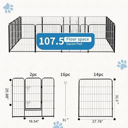NEWBULIG Dog Playpen Indoors 32 Inch 16 Panels for Small and Medium Dogs Portable and Foldable Pet Fence with Door Heavy Duty Metal Dog Exercise Play Pen for Outdoor Yard