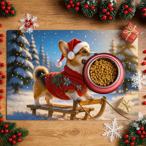 HOMETITUTE Cute Winter Dog Pet Food Mat Merry Christmas Spill-Proof Pet Feeding Mat Winter Holiday Cat Water Bowl Mats 20" x 12" Christmas Pet Placemat Cat and Dog Accessories - color: Orange