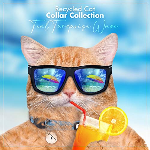 Pawtitas Recycled Teal Reflective Cat Collar – Eco-Friendly Breakaway Safety Buckle, Adjustable Kitten & Adult Collar with Removable Bell and High-Visibility Strap - color: Recycled Teal