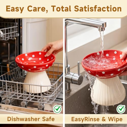 Mushroom Cat Bowl,Whisker Fatigue Cat Bowl,Cute Cat Bowls,Elevated Cat Food Bowl, Lead & Cadmium Free Ceramic Cat Bowls for Food and Water. (Red+Yellow) - color: Red+Yellow