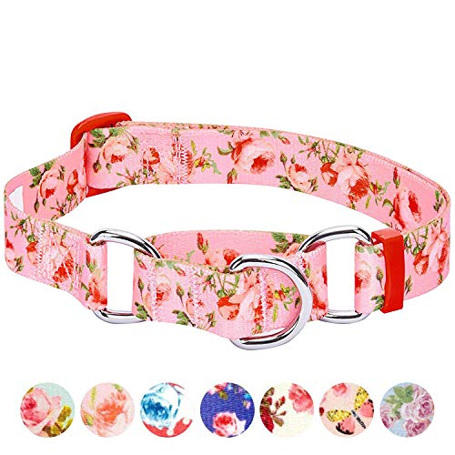 Blueberry Pet Spring Scent Inspired Rose Print Martingale Safety Training Dog Collar, Baby Pink, Large, Heavy Duty Adjustable Collars for Dogs - color: Rose Baby Pink, size: Large