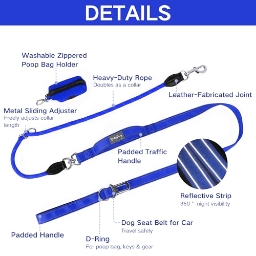 6FT Heavy Duty Dog Leash for Small Medium Large Dogs, Tangle Free Reflective Dog Training Leash with Double Handle, Seat Belt Buckle & Poop Bag Holder (Navy Blue) - color: Navy Blue, size: 6FT