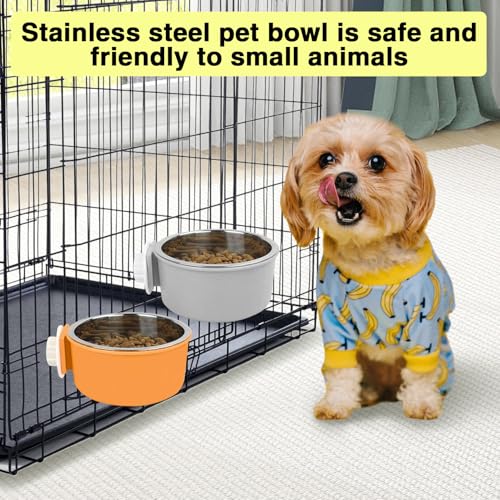 Hamiledyi 2-Pack Hanging Dog Bowls with Removable Stainless Steel Feeder - Spill-Proof Crate Bowls for Kennel/Cage, Puppy to Medium Dogs, Cats, Rabbits & Guinea Pigs (Durable Pet Food & Water Dishes) - color: C:Orange + Grey