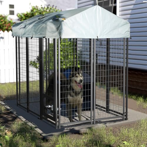 LEMBERI 6x4x6 FT Outdoor Dog Kennel for Large Dogs, Heavy Duty Welded Wire Steel Dog Playpen Fence with Secure Lock, Pet Pen with UV-Resistant Waterproof Roof Cover for Outside - size: 69"L x 50.4"W x 72.1"H