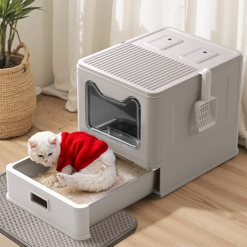 Stainless Steel Cat Litter Box with Lid and Drawer, Enclosed XXL Litter Box for Large Cats Includes Litter Mat & Scoop - size: enclosed