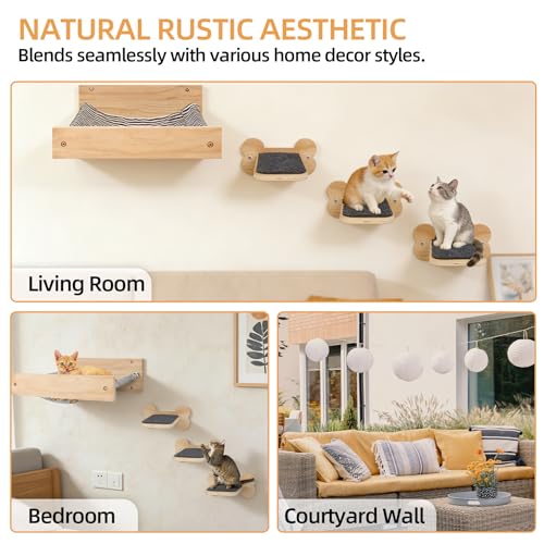 Cat Wall Hammock with 3 Steps, Pine Wood Wall Mounted Kitty Bed & Climbing Shelves up to 30lbs, Cat Furniture for Indoor Sleeping and Playing, Space Saving