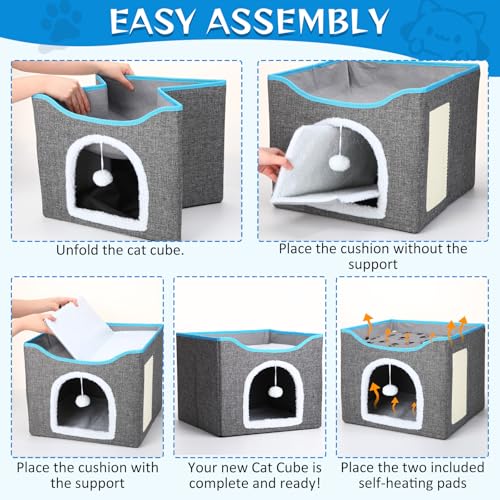 Cinnvoice Heated Cat Bed Indoor for Cats Heated Cat House with 2 Pcs Self Warming Cats Bed 1pc Blankets Self Heating Cube Shelter Cave Condo with Scratch Pad Fluffy Ball for Winter Pet Small Dog
