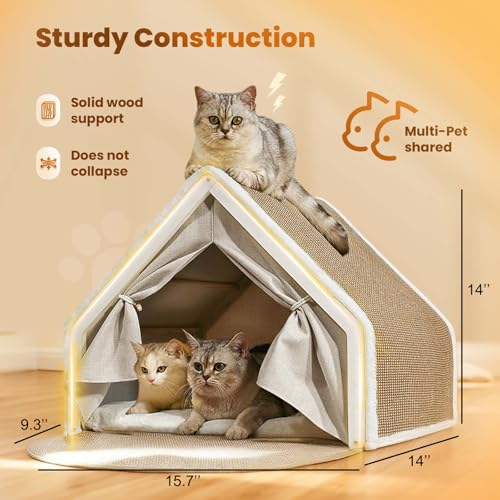 Cat Houses for Indoor Cats - 4 Seasons Cat Bed Cave with Natural Sisal Cat Scratcher Mat, Solid Wood Frame Cat House with Curtains and Cat Floor Scratching Pad Rug, Protect Couch and Carpets, S