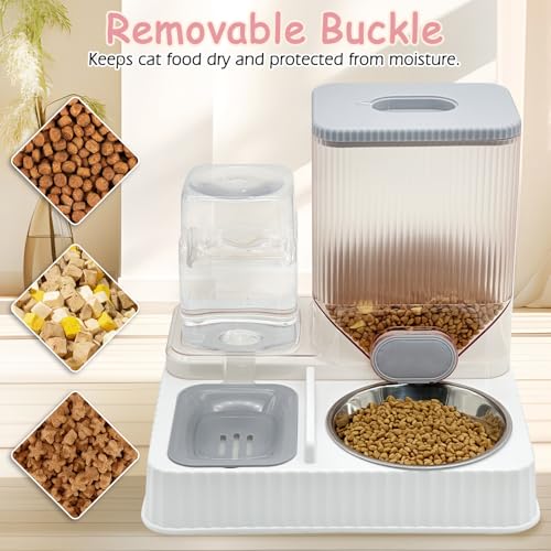Fhiny Gravity Cat Feeder & Water Dispenser, 2 in 1 Automatic Puppy Waterer Removable Stainless Steel Food Bowls Set Self Feeding Pet Food Storage for Cat Kitten Puppy Easy Clean (Grey) - color: Grey-Metal Bowl