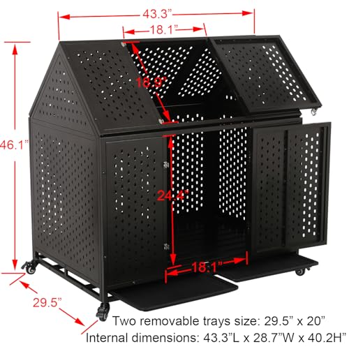 44 inch Heavy Duty Dog Crate with Wheels, Indestructible Escape-Proof Dog Kennel with Locking Latch and Double Door, Large XL Cage Indoor for Large and Medium Dog with Removable Tray - size: 43.3"L x 29.5"W x 46.1"H