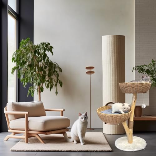 Cat Tree Modern - Minimalist Cat Tree with Sisal Rope Scratching Posts, Plush Cushioned, Baskets, and Fun Fluffy Ballew