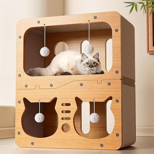 2-Tier Cat Scratcher House with Cardboard Scratch Pads, Indoor Cat Condo Playhouse with Hanging Toys, Cat Hideout & Scratching Furniture for Kittens and Cats