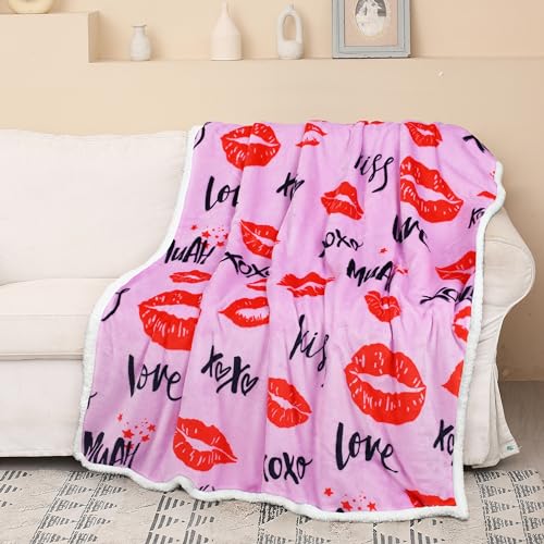 Catalonia Lips Print Sherpa Fleece Throw Blanket, Soft Mink Plush Couch Blanket, Fuzzy Fluffy Comfy Warm Throws, Comfort Caring Gift, 50x60 inches - color: Kiss Hot Pink, size: 50"x60"