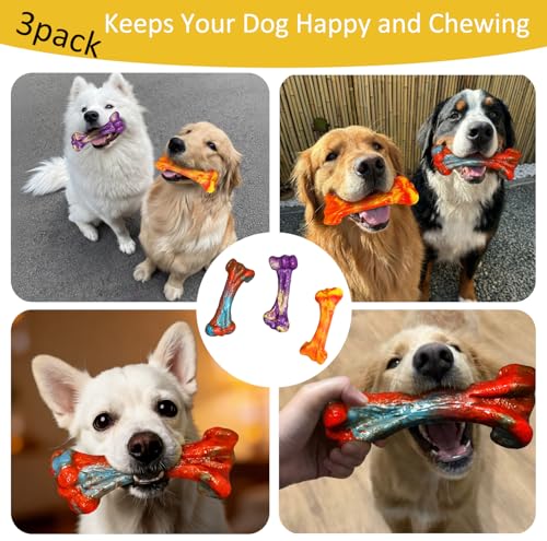 3 Pack Dog Chew Toy for Aggressive Chewers, Bacon Flavored Indestructible Dog Bone Toys for Medium/Large Breed to Keep Them Busy