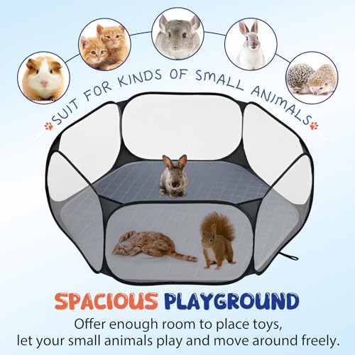Pawaboo Small Animals Playpen with Pad, Waterproof Small Pet Cage Tent with Reusable Pad, Portable Outdoor Yard Fence for Chick/Kitten/Puppy/Guinea Pig/Rabbits/Chinchillas, Black/Gray - color: Black/Gray