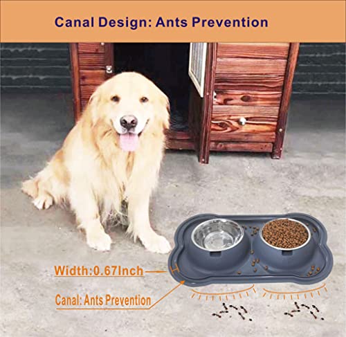 Stainless Steel Dog Bowls with Silicone Mat, Non-Skid Pet Feeder, No-Spill Design, Rust-Resistant Cat Dishes, Easy to Clean, Grey