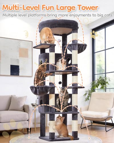 Taoqimiao Heavy Duty Cat Tree, 73in Cat Tower for Indoor Cats 25 lbs+, Extra Large Cat Tree, 2 Widen Condos, Enlarged Sleeping Platform, 9 Scratching Posts, 2 Cozy Baskets, Cat Toys, F30G Smoky Gray - color: Smoke Gray