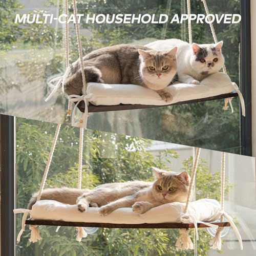 Cat Window Perch for Indoor Cats, Wooden Cat Bed for Window with Washable Cushion, Hanging Kitty Hammock Suitable for Small-to-Large Cats