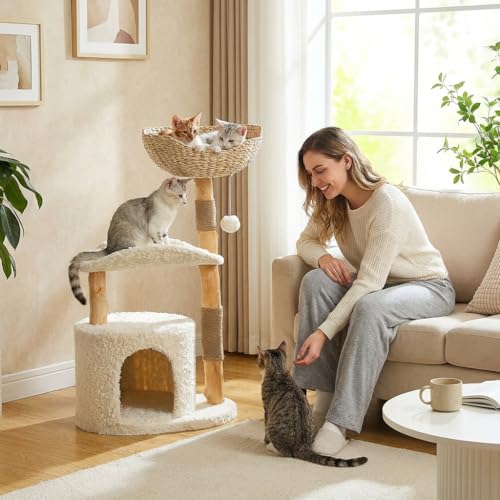 MUTTROS Modern Cat Tree Tower for Large Cats, Wood Cat Tower with Natural Scratching Post, Solid Wood Condo, Real Branch Luxury Cat Furniture with Curved Bed, Top Basket, White - color: Cloud White, size: 38" Solid Wood Cat Tree
