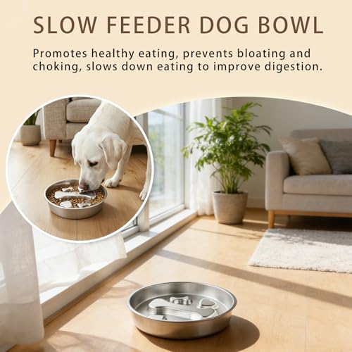 1 to 2 Cups Stainless Steel Slow Feeder Dog Bowl, Metal Slow Eating Feed Dog Bowl with Non-Slip Rubber Base, Slowfeeder for Puppies, Small and Medium Dogs Feeding - size: 1-2 Cups