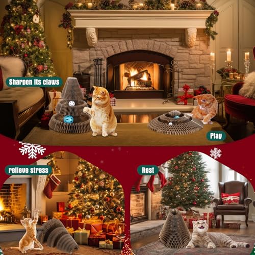 Soulchen Christmas Tree Magic Organ Cat Scratching Board, Combinable Cat Toy, Interactive Cardboard Kitty Scratcher with Bell Ball, Durable Foldable Accordion Scratch Pad, Exercise for Indoor