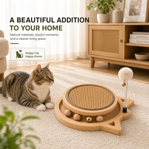 Cat Scratcher Board with Natural Sisal, Interactive Cat Track Toy with Spring Ball – Durable Kitten Scratching Pad for Indoor Cats, Kitty Wooden Cat Toy Stress Relief & Fun Exercise