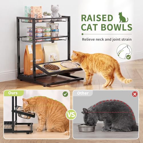 Cat Feeding Station with Elevated Cat Bowl Stand, 3-Tier Cat Food Organizer & Storage, Pet Feeding Station with Cat Table, Cat Food Stand for Large Medium Cats, 3 Height Adjustable, Black