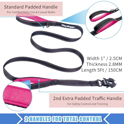 Strong Heavy Duty Dog Leash - 5ft Reflective Nylon Training Leash with Soft Padded Double Handle & Auto Lock Frog Clip - Safety Traffic Control for Large Medium Small Dogs No Pull Walk Black Pink,5ft - color: Black Pink, size: 5FT x 1" x 2.8MM
