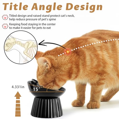 Ceramic Raised Cat Bowl,Tilted Raised Bowl Anti Vomit for Indoor Cats Whisker Friendly Pet Feeder for Cats Puppies, Microwave and Dishwasher Safe (Black) - color: Black