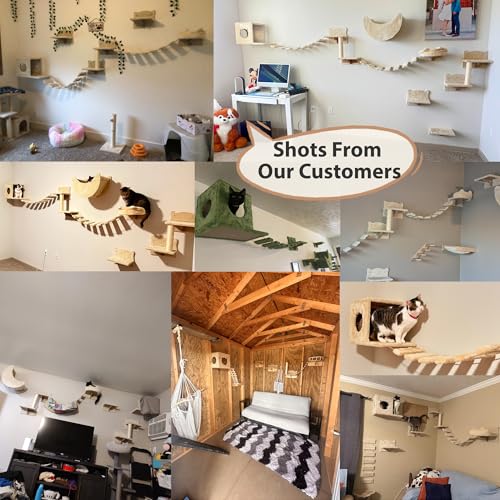 13-in-1 Cat Wall Shelves, Wall Mounted Cats Furniture Set with Plush Fabric, Cat Climbing Wall Systems, Cats Shelf with Moon Hammock, Condo, House, Step, Bridge Ladder, Scratching Post, Beige - color: Beige, size: 13-in-1