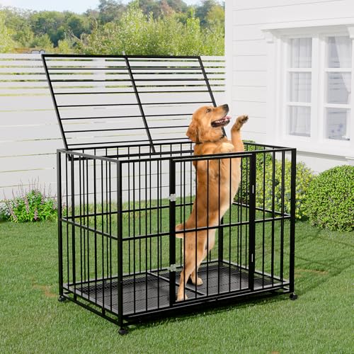 48 Inch Dog Crate for Large Sized Dogs, Heavy Duty Stainless Steel Indoor Kennel Escape Proof with Wheels and Removable Tray, Extra Large XL XXL Indestructible Dog Cage Stackable for High Anxiety Dogs - size: 48 inch