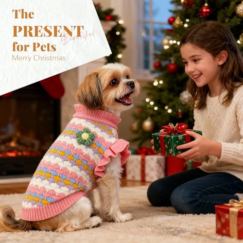 BAEJMJK Cute Flower Small Dog Sweater Soft Girl Dog Clothes Turtleneck Warm Pet Puppy Knitted Pullover Princess Dogs Cats Outfits(Pink,X-Large) - color: Pink, size: X-Large