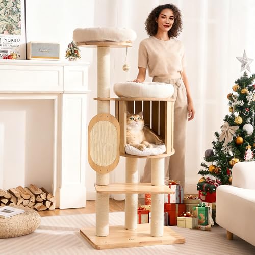 Modern Solid Wood Cat Tree for Indoor Cats Large Adult, 50in Tall Cat Tower with Sisal Scratching Posts, Cat Scratcher Cardboard, Cozy Cat Beds Cave Condo, Multi-Level Cat Furniture - color: Natural