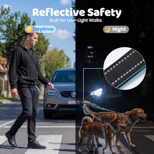 Hands Free Leash for 2 Large Dogs, No Tangle Waist Walking Bungee Leash, 6-8 FT Dual Dog Leashes(50-150 lbs) - color: 2 Dog – Forest Glow