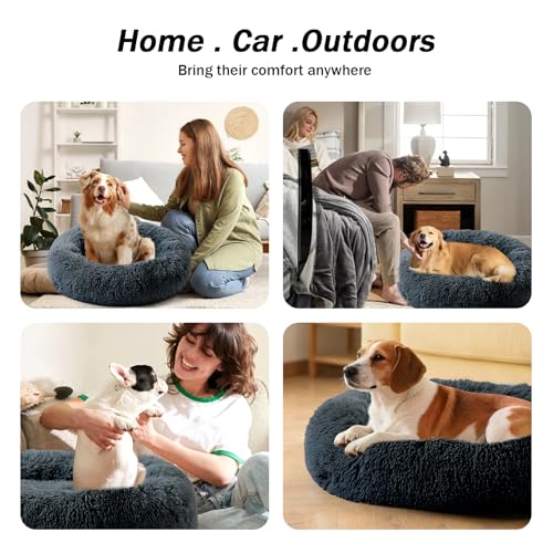 Calming Donut Dog Bed for Small to Medium Dogs & Cats - Plush Faux Fur Anti-Anxiety Pet Bed with Machine Washable Cover & Non-Slip Base - color: Dark gray, size: X-Small 15.7''