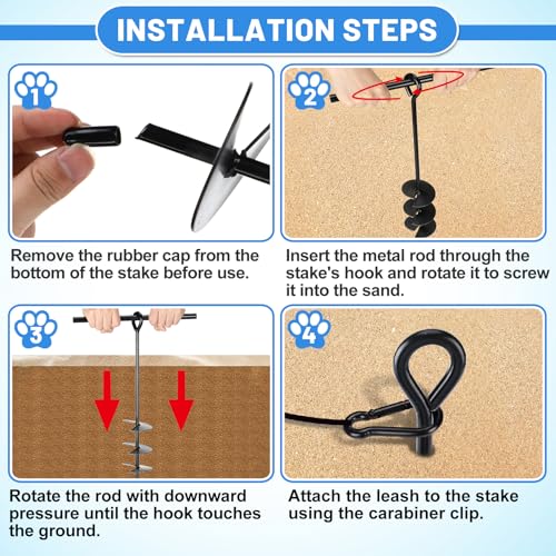 Beach Dog Tie Out Stake for Dogs Up to 250 lbs - Heavy Duty Dog Camping Yard Park Essentials Accessories for All Cable Leash Chain