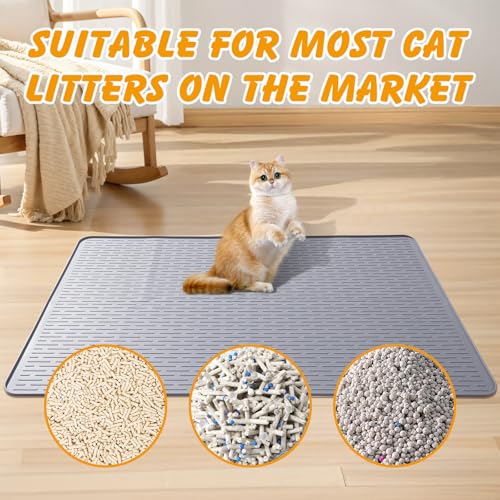 Silicone Cat Litter Mat, 34x22 in Waterproof Litter Box Mat Cats Feeding Mats with Raised Edges, Quick Clean Desig (Grey) - size: 34"L x 22"W