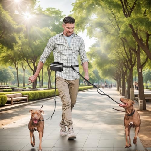 Hands Free Dog Leash with Pouch, Dual Attachment for Two Dogs, Retractable Bungee with Double Padded Handles, Waist-Mounted for Running,Walking, Jogging Friendly Dog Accessories (Black/Mint Green) - color: Black/Blue
