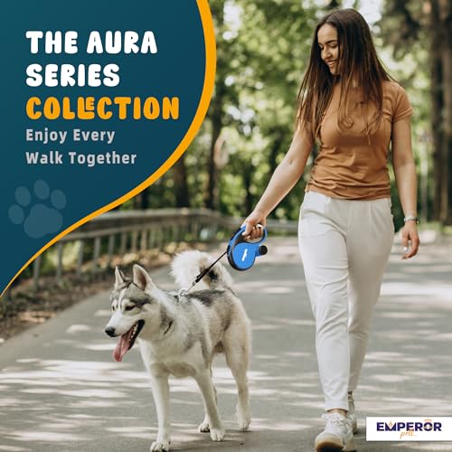 26 ft Retractable Dog Leash Blue - Heavy Duty Retractable Pet Leash with Anti-Slip Grip for Medium to Large Dogs up to 110 lbs -Aura BL26 - color: Blue, size: 26 ft