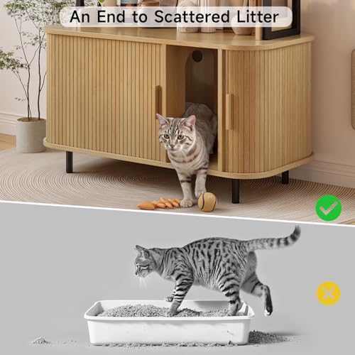 ONBRILL 54 Inch Hidden Litter Box Furniture with Shelves and Outlets,Fluted Cat Litter Box Enclosure, Mid-Century Modern Wooden Cat House with Sliding Tambour Door and Hooks, Oak - color: Oak