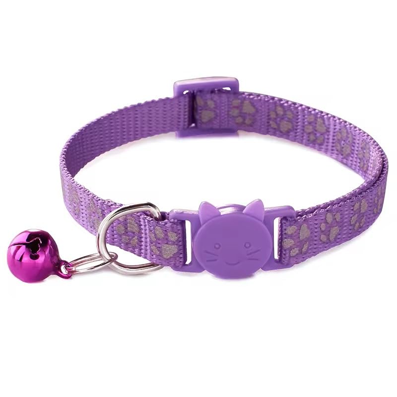 Cat Collar Breakaway Safety with Bell, Cute Reflective Paw Print Pattern (Purple) - color: Purple