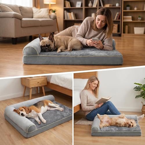 Orthopedic Dog Bed for Large Dogs 40 x 24Inch, L Shaped Memory Foam Pet Bed with Sides, Comfortable Dog Couch with Removable Washable Arctic Velvet Cover & Non-Slip Bottom, Gray - size: 39.4" L x 23.7" W x 7.5" H--With sides