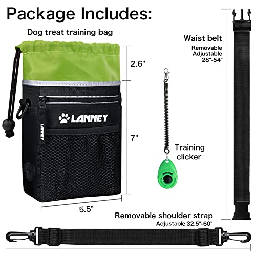 Dog Treat Pouch Pet Training Bag for Small to Large Dogs, Treat Tote Carry Kibble Snacks Toys for Training Reward Walking, Metal Clip, Waist belt, Shoulder Strap, Poop Bag Dispenser, Black with Green - color: Pouch(Black with Green)+Clicker