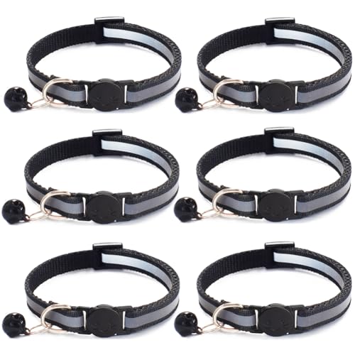 6 Pack Reflective Cat Collar with Bell, Breakaway and Safe Collars for Cats, Nylon, Pet Collar Adjustable19-32cm (Black) - color: Black