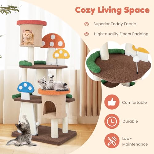 Tangkula Mushroom Cat Tree, Multi-Level Cute Cat Tower with Full-Wrapped Sisal Posts, Scratching Boards & Interactive Balls, 2 Cat Condo, Flower Cat Tree Tower for Indoor Cats Large Adult (57.5 Inch) - size: 57.5 Inch