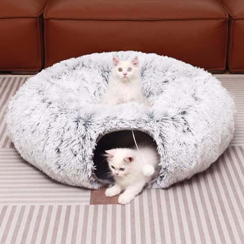 Plush Cat Tunnel with Cat Bed for Indoor Cats, Multifunctional Cat Donut Tunnel for Small Medium Large Cats Kitten Rabbit Puppies (Grey)