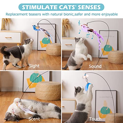 Cat Toys Wand, Interactive Cat Toy with Super Suction Cup Sticky Detachable 12 PCS Feather Replacements 2 Wands Cat Spring Feather Toys for Indoor Cats Kitten Toys (4 Birds Replacements) - color: 4 Birds Replacements