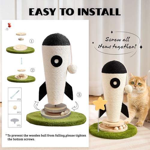 Cat Scratching Post, Rocket Cute Sisal Cat Scratcher with Durable Solid Wood Turntable Toy, Cat Scratch Post Red Cat Scratcher with Spinning Star Toy for Indoor Adult Cats - color: Black Rocket